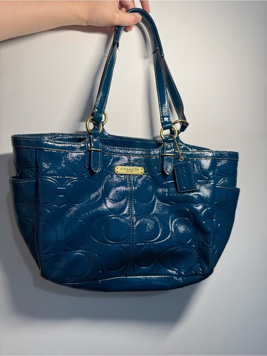 Coach Handbags - Coach Teal Patent Leather Signature Tote with Gold Hardware
